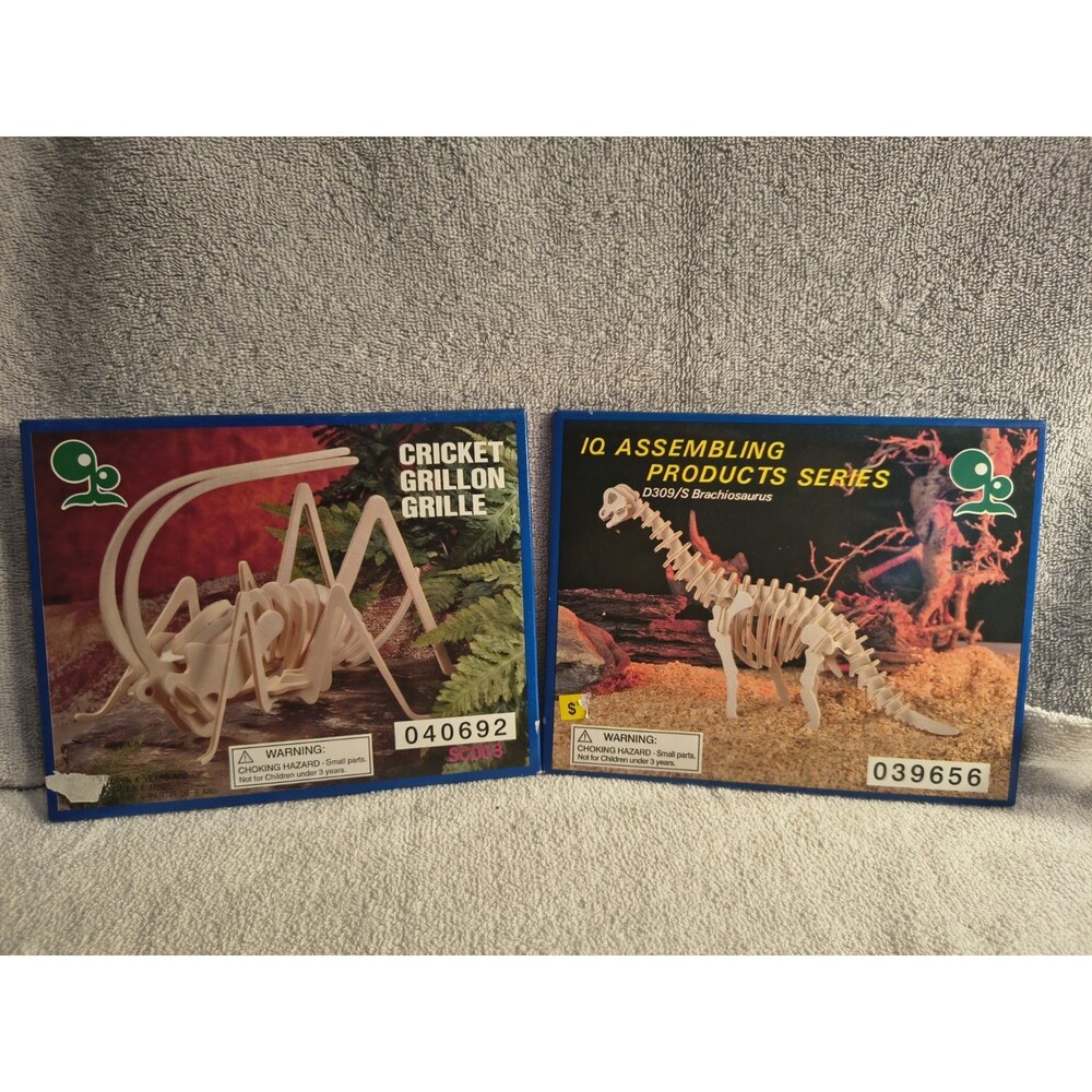 Vintage IQ Assembling Products 3D Wooden Puzzle Lot Brachiosaurus & Cricket NEW